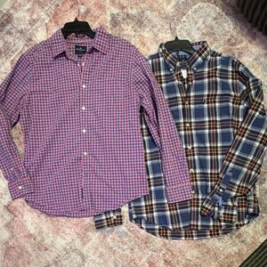 Set of American Eagle Outfitters Men's Plaid Button-Up Shirts Size L Blue Pink